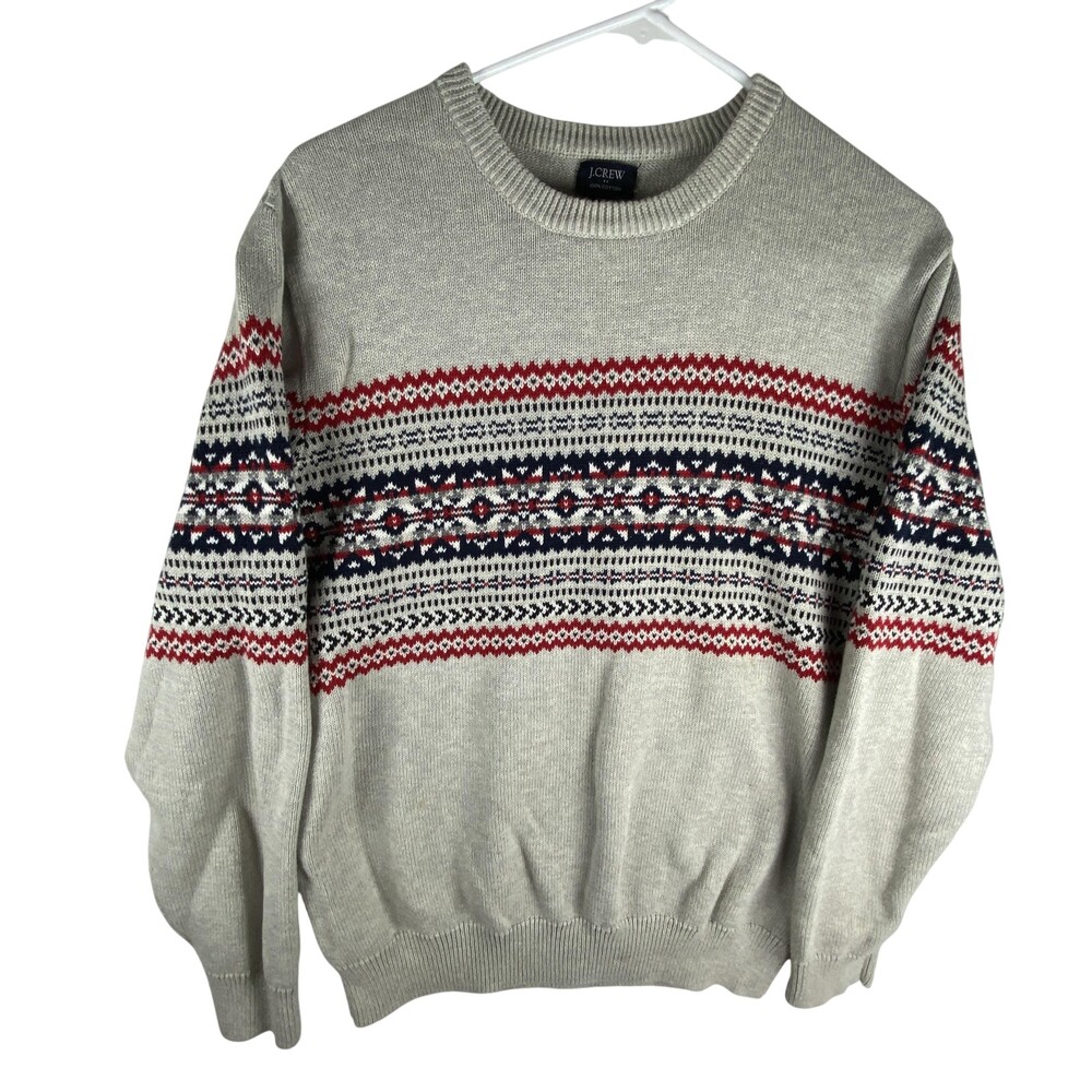 J.Crew Sweater Mens Medium Gray Fair Isle Christmas Crewneck Cotton Pullover
